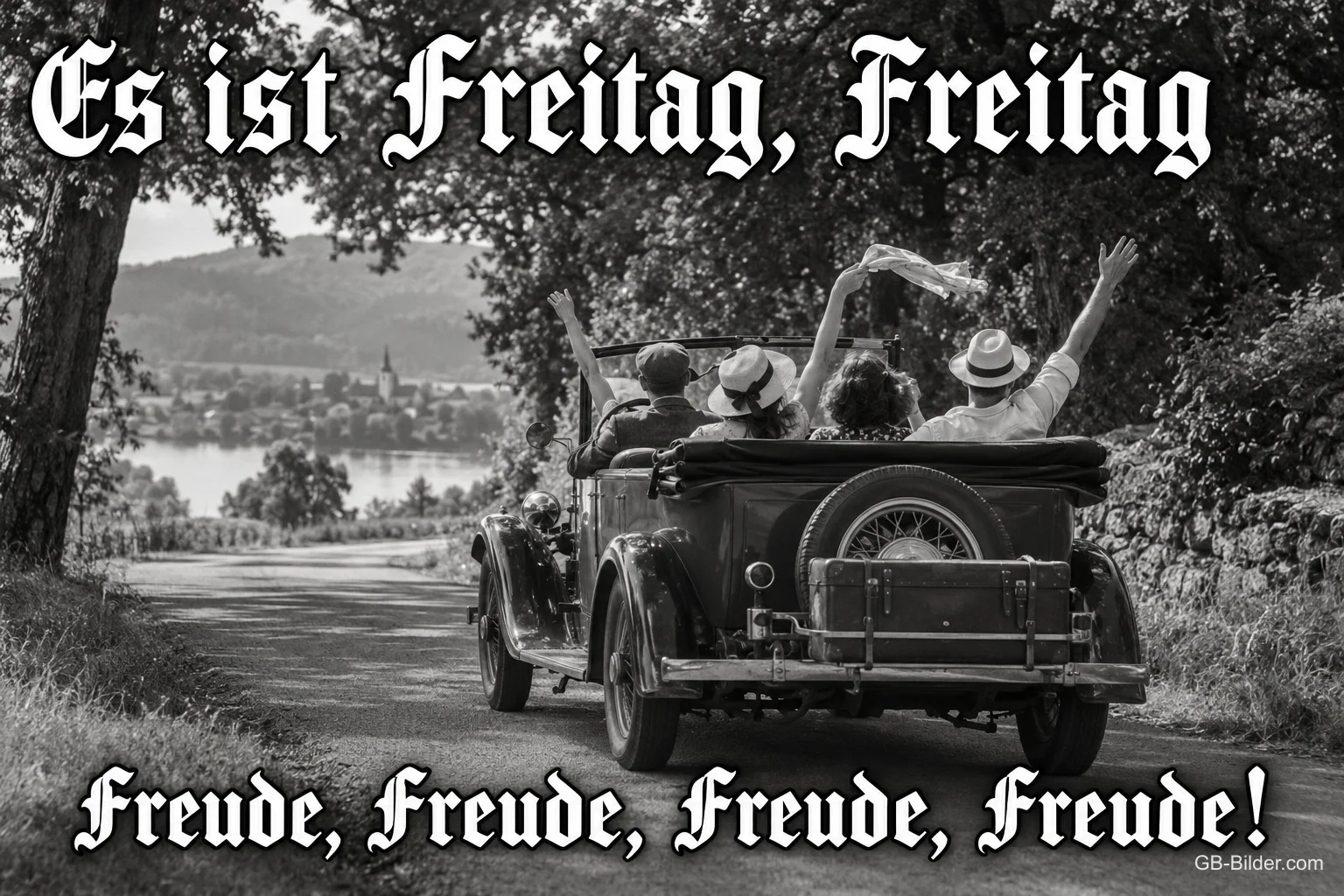 Jubelnde Freunde im Oldtimer, Text: Es ist Freitag, Freitag Jubelnde Freunde im Oldtimer, Text: Es ist Freitag, Freitag