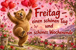 Bär tanzt mit roten Herzballons über einen Weg am See, Text: Freitag – einen schönen Tag und ein schönes Wochenende