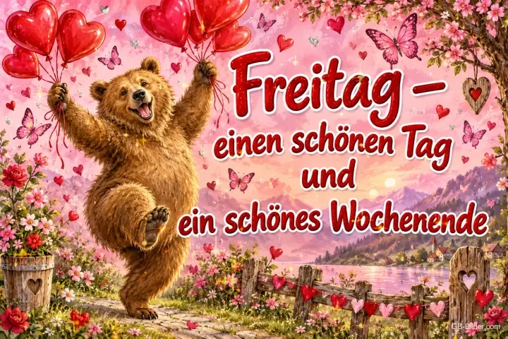 Bär tanzt mit roten Herzballons über einen Weg am See, Text: Freitag – einen schönen Tag und ein schönes Wochenende Bär tanzt mit roten Herzballons über einen Weg am See, Text: Freitag – einen schönen Tag und ein schönes Wochenende