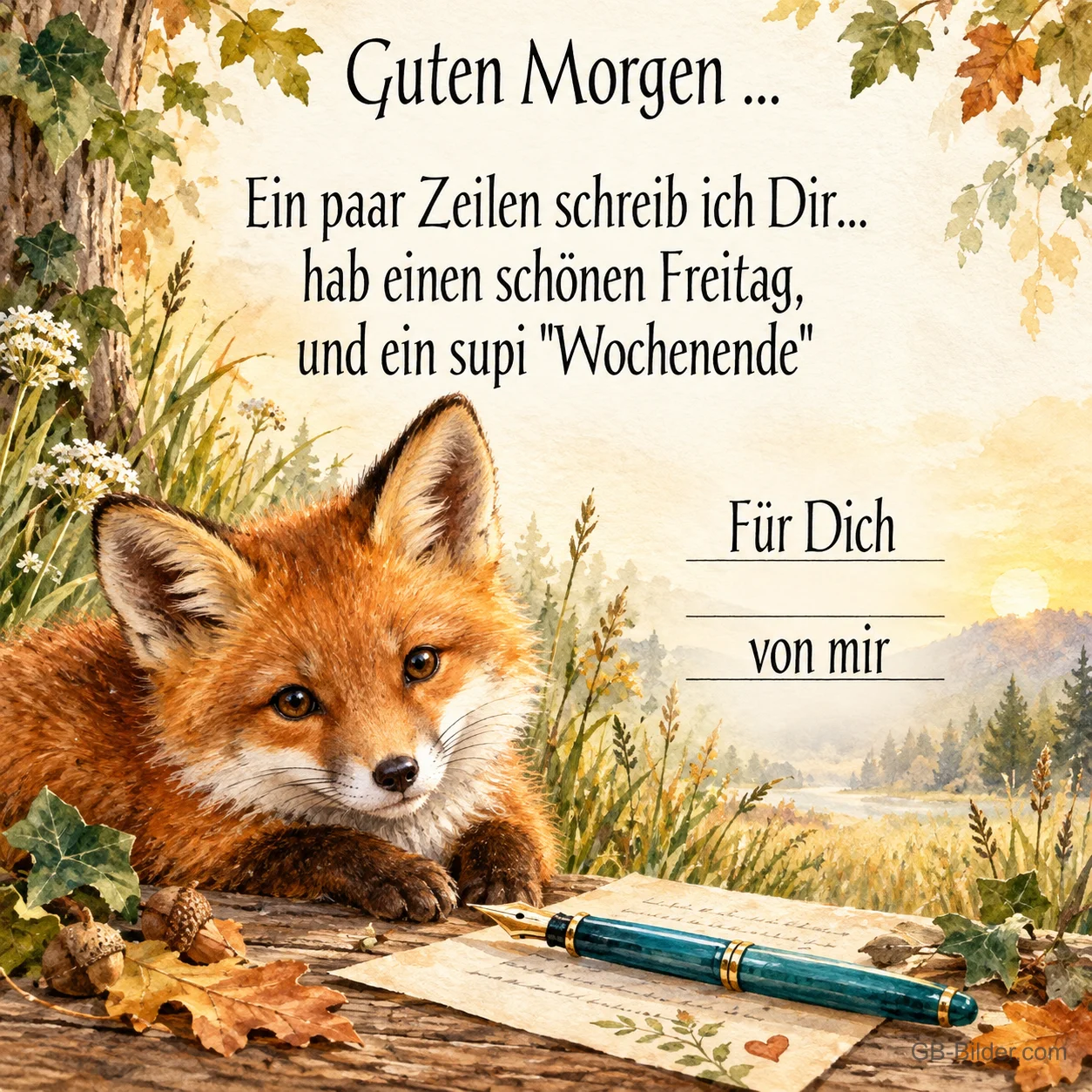 Junger Fuchs liegt neben Brief und Füllfeder im Herbstlaub, Text: Guten Morgen … Ein paar Zeilen schreib ich Dir… hab einen schönen Freitag, und ein supi "Wochenende" – Für Dich von mir