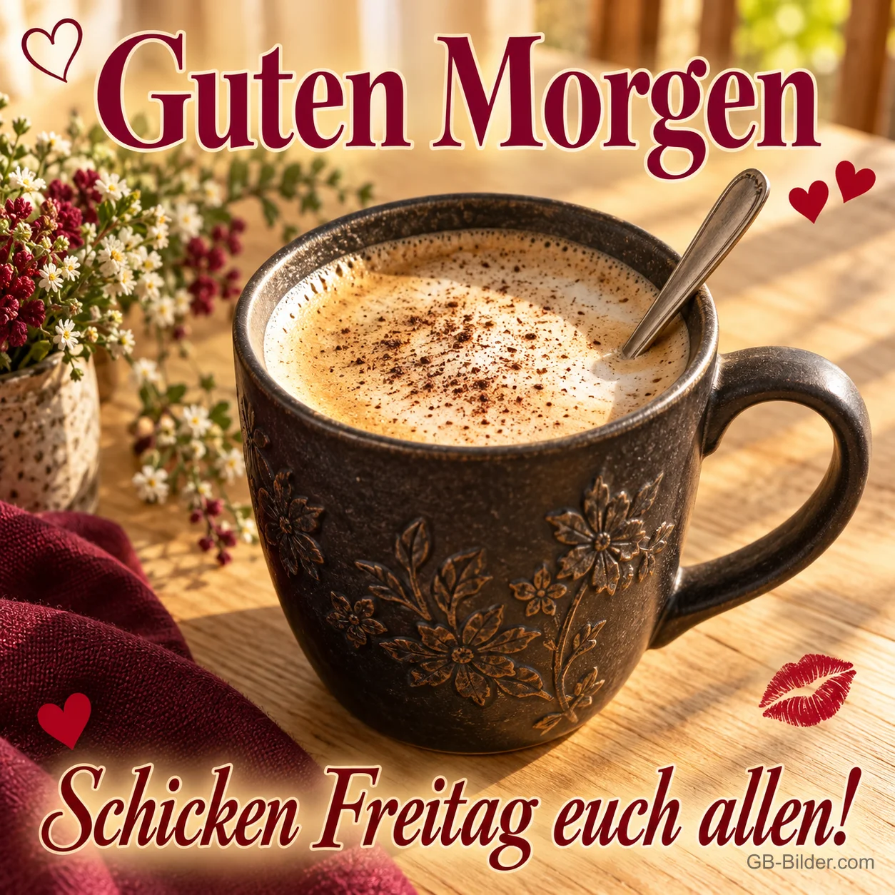 Dunkle Tasse Cappuccino mit Löffel auf einem Holztisch, Text: Guten Morgen – Schicken Freitag euch allen!