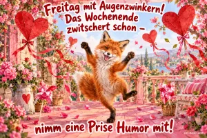 Fuchs tanzt auf einer Terrasse zwischen Herzen und Rosen, Text: Freitag mit Augenzwinkern! Das Wochenende zwitschert schon – nimm eine Prise Humor mit!