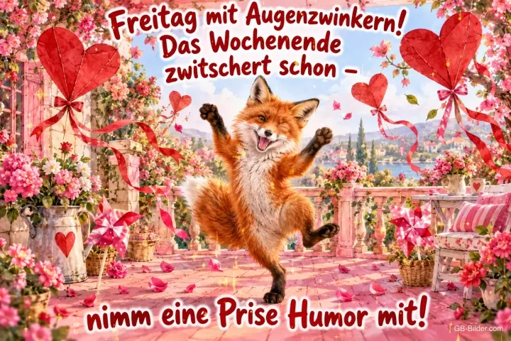 Fuchs tanzt auf einer Terrasse zwischen Herzen und Rosen, Text: Freitag mit Augenzwinkern! Das Wochenende zwitschert schon – nimm eine Prise Humor mit! Fuchs tanzt auf einer Terrasse zwischen Herzen und Rosen, Text: Freitag mit Augenzwinkern! Das Wochenende zwitschert schon – nimm eine Prise Humor mit!