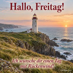 Leuchtturm auf einer Klippe am Meer bei Sonnenuntergang, Text: Hallo, Freitag! Ich wünsche dir einen Tag mit Rückenwind!