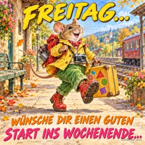 Maus mit Rucksack, Kamera und Koffer läuft über einen Bahnsteig, Text: FREITAG… WÜNSCHE DIR EINEN GUTEN START INS WOCHENENDE…
