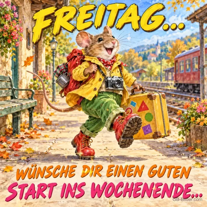 Maus mit Rucksack, Kamera und Koffer läuft über einen Bahnsteig, Text: FREITAG… WÜNSCHE DIR EINEN GUTEN START INS WOCHENENDE… Maus mit Rucksack, Kamera und Koffer läuft über einen Bahnsteig, Text: FREITAG… WÜNSCHE DIR EINEN GUTEN START INS WOCHENENDE…