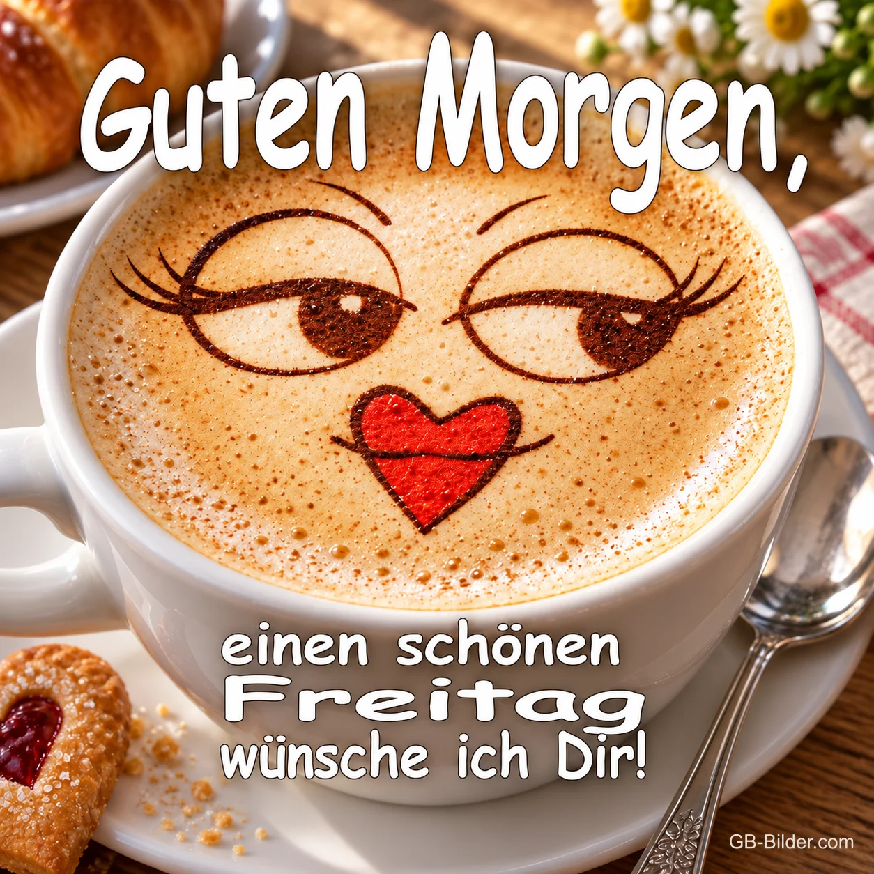 Cappuccino mit Gesicht aus Milchschaum, Text: Guten Morgen, einen schönen Freitag wünsche ich Dir!