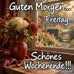 Rote Vase mit Herbstblumen am Fenster, Text: Guten Morgen… Freitag… Schönes Wochenende!!!
