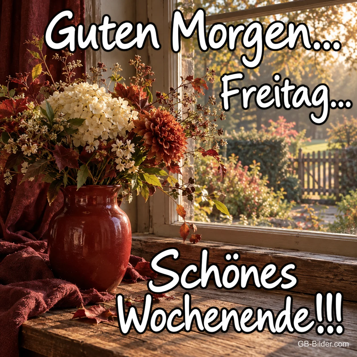 Rote Vase mit Herbstblumen am Fenster, Text: Guten Morgen… Freitag… Schönes Wochenende!!!