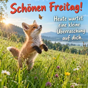 Fuchswelpe springt in einer Sommerwiese einem Schmetterling nach, Text: Schönen Freitag! – Heute wartet eine kleine Überraschung auf dich.