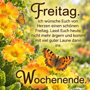 Gelbe Primeln mit Schmetterlingen, Text: Freitag. Ich wünsche Euch von Herzen einen schönen Freitag. Lasst Euch heute nicht mehr ärgern und kommt mit viel guter Laune dann ins Wochenende.