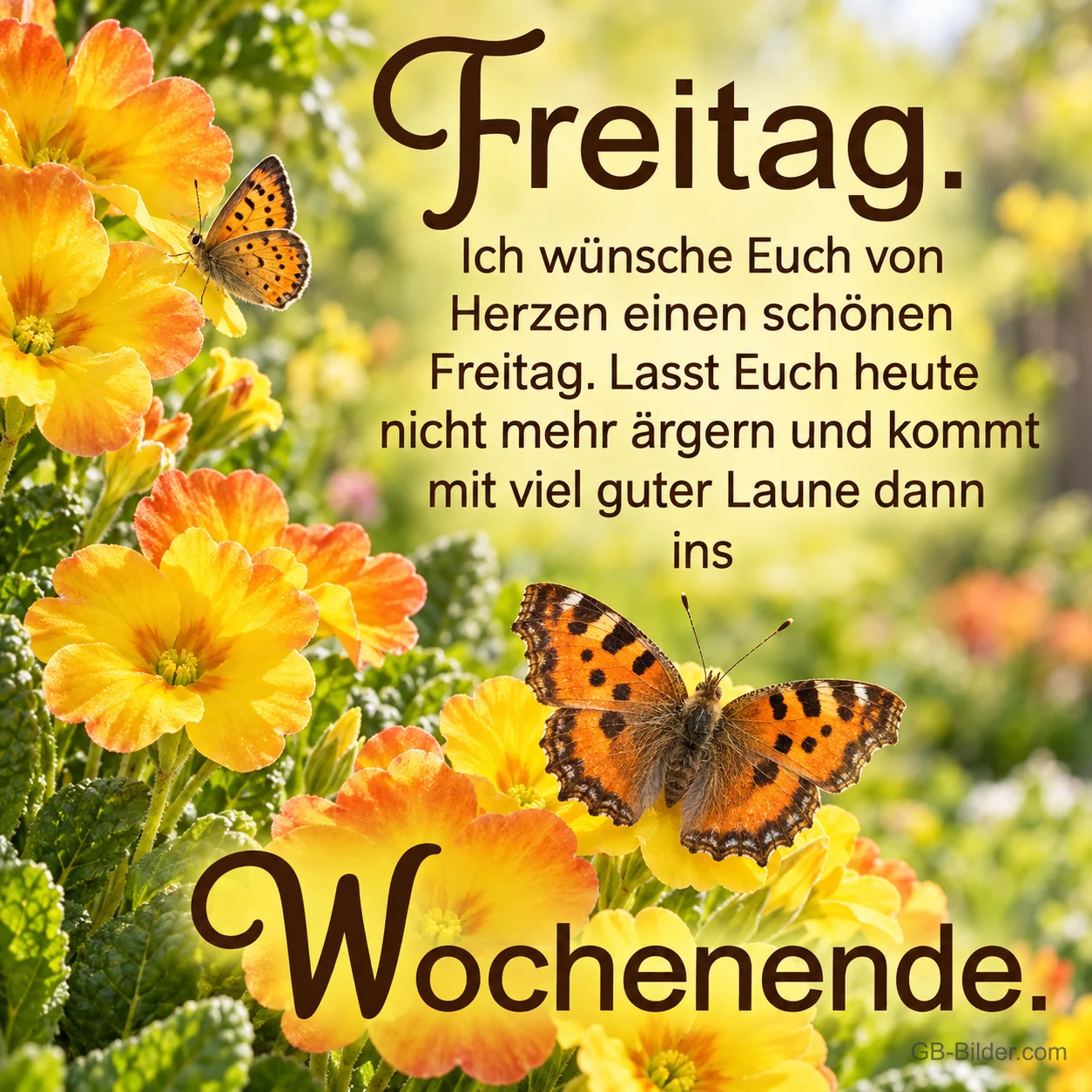 Gelbe Primeln mit Schmetterlingen, Text: Freitag. Ich wünsche Euch von Herzen einen schönen Freitag. Lasst Euch heute nicht mehr ärgern und kommt mit viel guter Laune dann ins Wochenende.