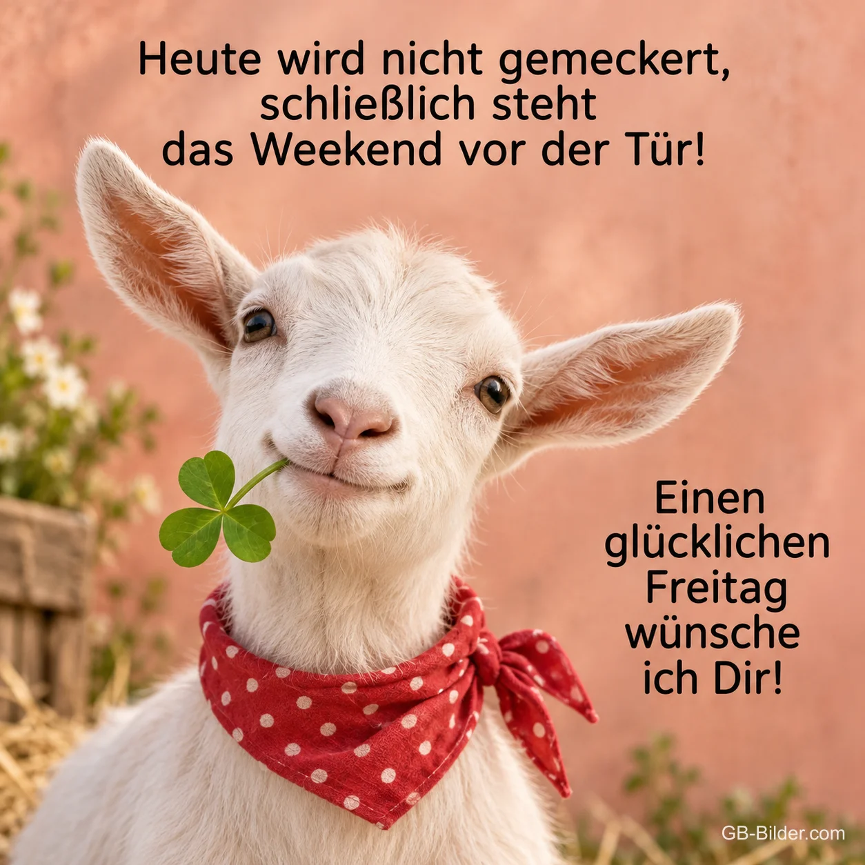 Zicklein mit Halstuch hält ein Kleeblatt im Maul, Text: Heute wird nicht gemeckert, schließlich steht das Weekend vor der Tür! Einen glücklichen Freitag wünsche ich Dir!