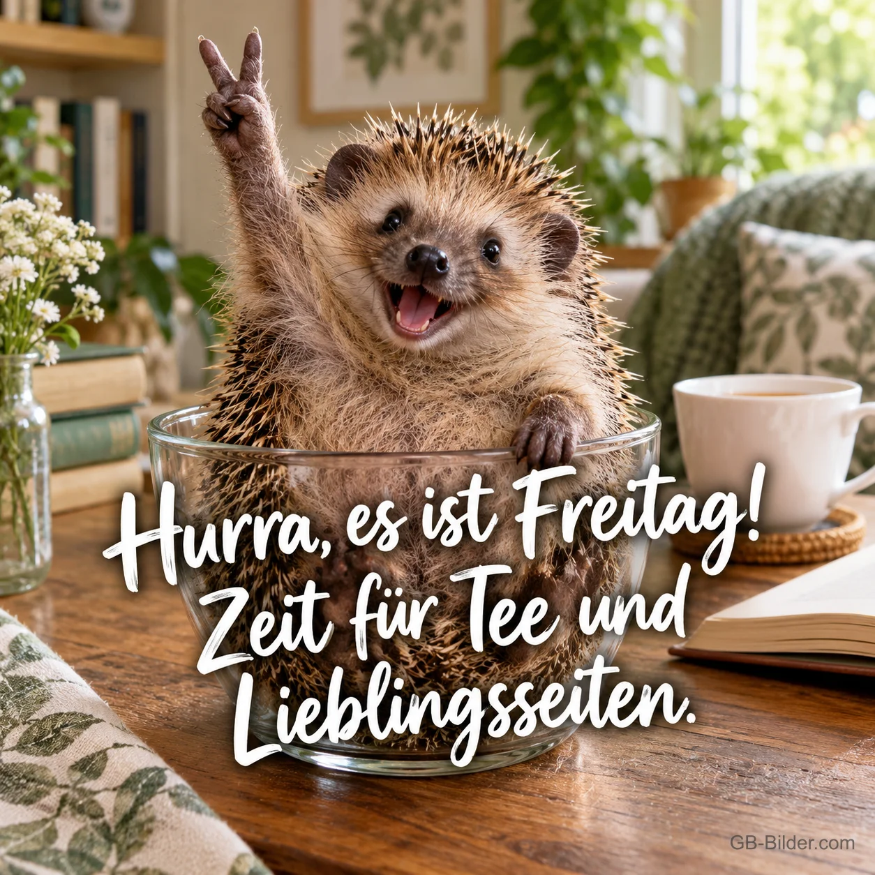 Igel zeigt jubelnd das Peace-Zeichen aus einer Glasschüssel, Text: Hurra, es ist Freitag! Zeit für Tee und Lieblingsseiten.