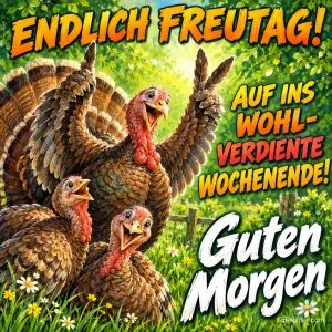 Drei Truthähne jubeln mit erhobenen Flügeln auf einer Wiese, Text: ENDLICH FREUTAG! AUF INS WOHLVERDIENTE WOCHENENDE! Guten Morgen