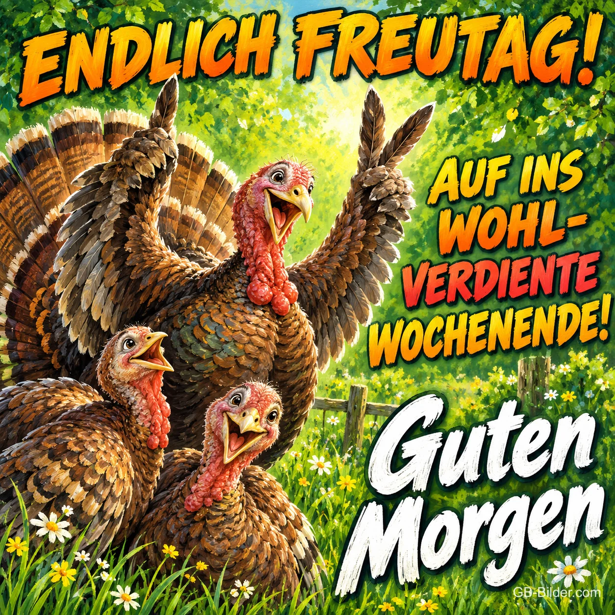 Drei Truthähne jubeln mit erhobenen Flügeln auf einer Wiese, Text: ENDLICH FREUTAG! AUF INS WOHLVERDIENTE WOCHENENDE! Guten Morgen