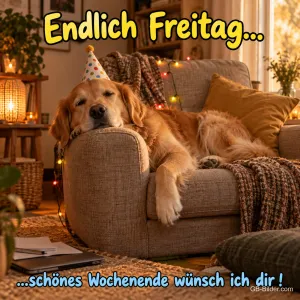 Golden Retriever mit Partyhut schläft im Sessel, Text: Endlich Freitag… …schönes Wochenende wünsch ich dir!