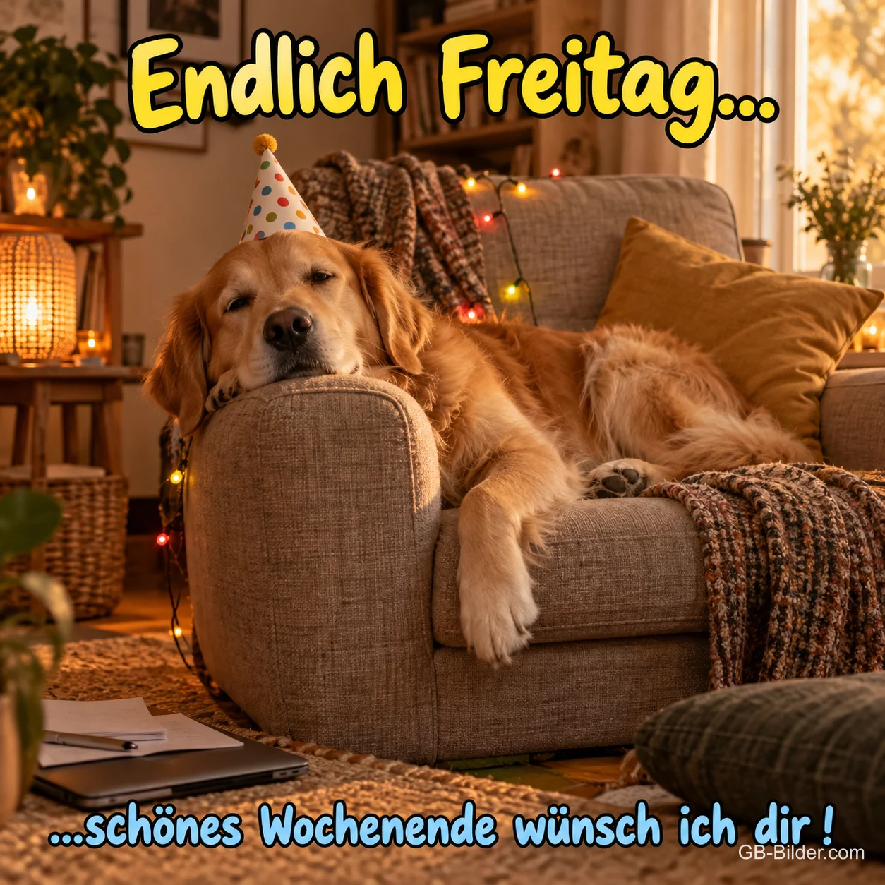 Golden Retriever mit Partyhut schläft im Sessel, Text: Endlich Freitag… …schönes Wochenende wünsch ich dir! Golden Retriever mit Partyhut schläft im Sessel, Text: Endlich Freitag… …schönes Wochenende wünsch ich dir!