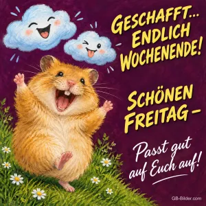 Hamster jubelt auf einer Wiese, zwei lachende Wolken, Text: GESCHAFFT… ENDLICH WOCHENENDE! SCHÖNEN FREITAG – Passt gut auf Euch auf!