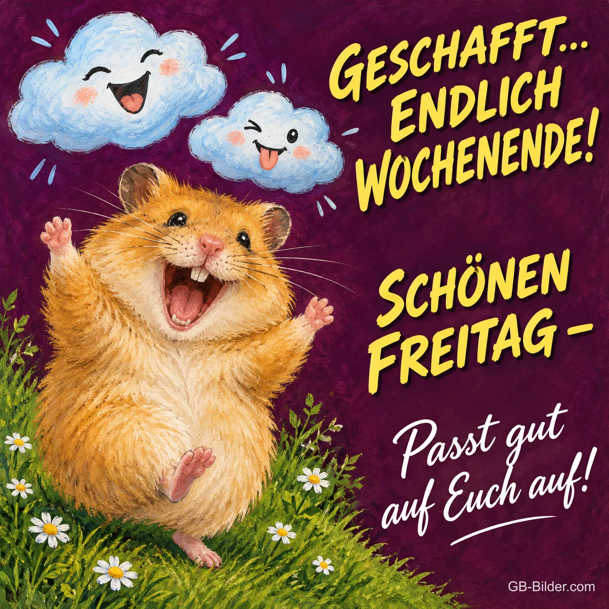 Hamster jubelt auf einer Wiese, zwei lachende Wolken, Text: GESCHAFFT… ENDLICH WOCHENENDE! SCHÖNEN FREITAG – Passt gut auf Euch auf! Hamster jubelt auf einer Wiese, zwei lachende Wolken, Text: GESCHAFFT… ENDLICH WOCHENENDE! SCHÖNEN FREITAG – Passt gut auf Euch auf!