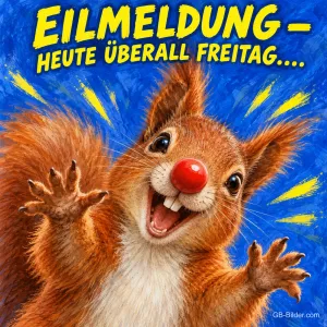 Eichhörnchen mit roter Clownsnase jubelt vor blauem Hintergrund, Text: EILMELDUNG – HEUTE ÜBERALL FREITAG…..