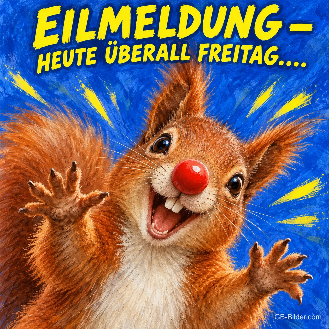 Eichhörnchen mit roter Clownsnase jubelt vor blauem Hintergrund, Text: EILMELDUNG – HEUTE ÜBERALL FREITAG….. Eichhörnchen mit roter Clownsnase jubelt vor blauem Hintergrund, Text: EILMELDUNG – HEUTE ÜBERALL FREITAG…..