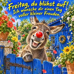 Esel mit roter Nase lacht über ein blaues Gartentor, Text: Freitag, du blühst auf! Ich wünsche dir einen Tag voller kleiner Freuden.