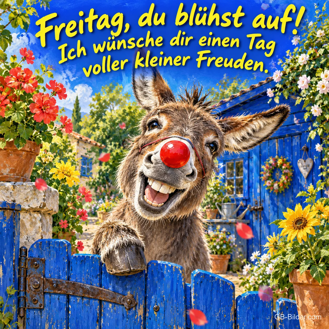 Esel mit roter Nase lacht über ein blaues Gartentor, Text: Freitag, du blühst auf! Ich wünsche dir einen Tag voller kleiner Freuden. Esel mit roter Nase lacht über ein blaues Gartentor, Text: Freitag, du blühst auf! Ich wünsche dir einen Tag voller kleiner Freuden.