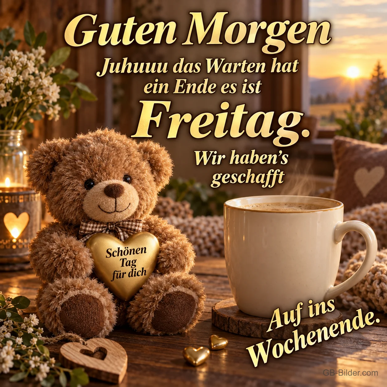 Teddybär mit goldenem Herz neben einer Kaffeetasse, Text: Guten Morgen – Juhuuu das Warten hat ein Ende es ist Freitag. Wir haben’s geschafft – Auf ins Wochenende. Teddybär mit goldenem Herz neben einer Kaffeetasse, Text: Guten Morgen – Juhuuu das Warten hat ein Ende es ist Freitag. Wir haben’s geschafft – Auf ins Wochenende.