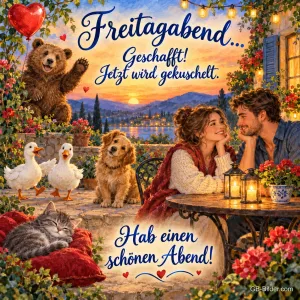 Paar auf einer Terrasse bei Laternenlicht, Bär, Hund, Enten und Katze, Text: Freitagabend … Geschafft! – Jetzt wird gekuschelt. Hab einen schönen Abend!