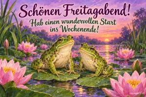 Zwei Frösche auf Seerosenblättern im Abendrot, Text: Schönen Freitagabend! – Hab einen wundervollen Start ins Wochenende!
