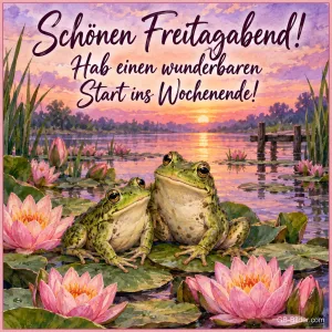 Zwei Frösche auf Seerosenblättern im Sonnenuntergang, Text: Schönen Freitagabend! – Hab einen wunderbaren Start ins Wochenende!