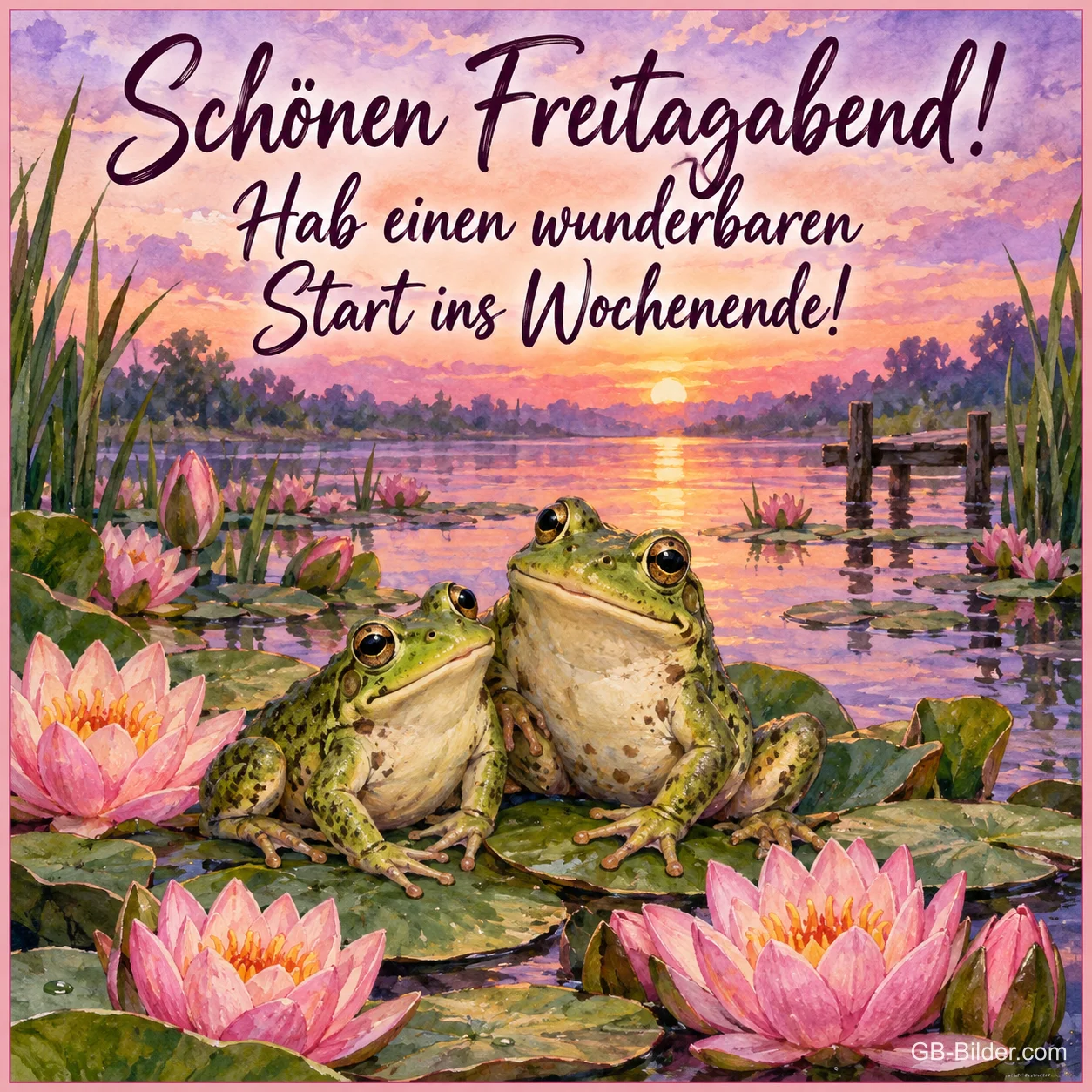 Zwei Frösche auf Seerosenblättern im Sonnenuntergang, Text: Schönen Freitagabend! – Hab einen wunderbaren Start ins Wochenende!