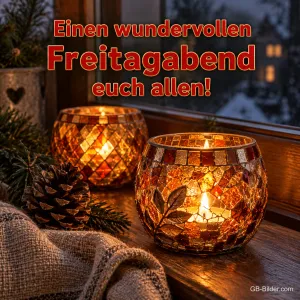 Mosaik-Windlichter am verschneiten Fenster, Text: Einen wundervollen Freitagabend – euch allen!