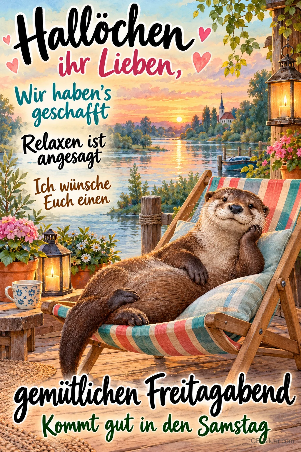 Otter liegt entspannt im Liegestuhl am See, Text: Hallöchen ihr Lieben, – wir haben's geschafft! Relaxen ist angesagt. Ich wünsche euch einen gemütlichen Freitagabend. Kommt gut in den Samstag!