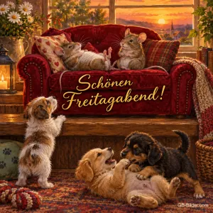 Mäuse auf einem roten Sofa, Welpen spielen davor, Text: Schönen Freitagabend!