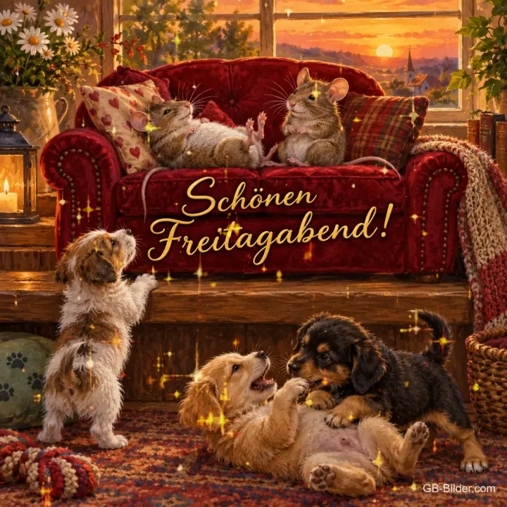 Mäuse auf einem roten Sofa, Welpen spielen davor, Text: Schönen Freitagabend!