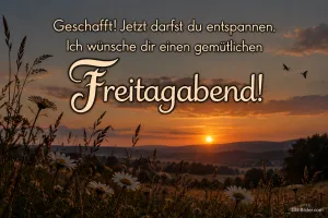 Sonnenuntergang über einer Wiese mit Margeriten, Text: Geschafft! Jetzt darfst du entspannen. – Ich wünsche dir einen gemütlichen Freitagabend!