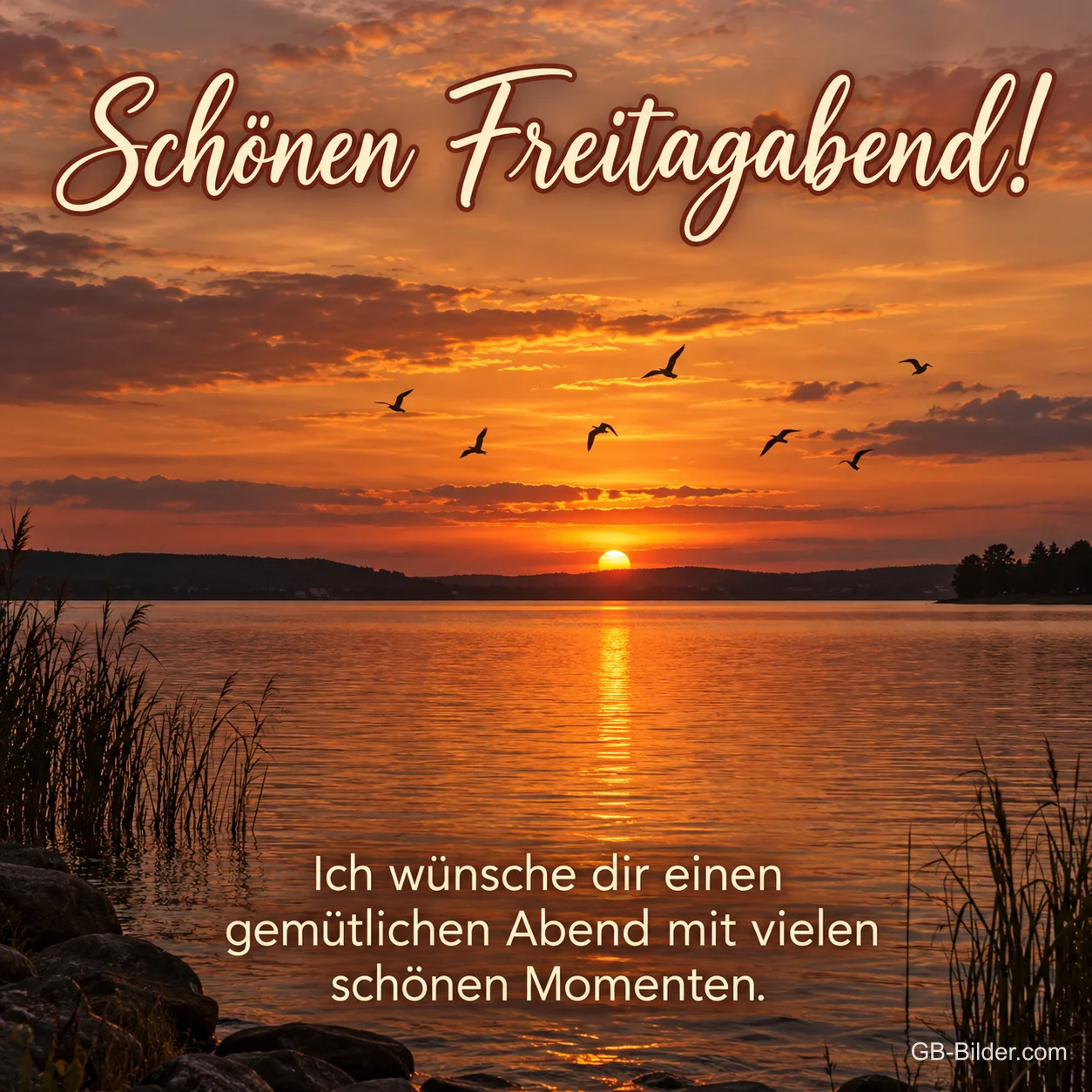Sonnenuntergang über einem See mit Schilf und Vögeln, Text: Schönen Freitagabend! – Ich wünsche dir einen gemütlichen Abend mit vielen schönen Momenten.