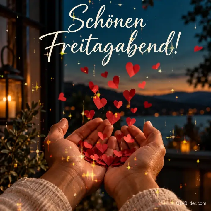Hände halten rote Papierherzen vor einem See im Abendlicht, Text: Schönen Freitagabend!