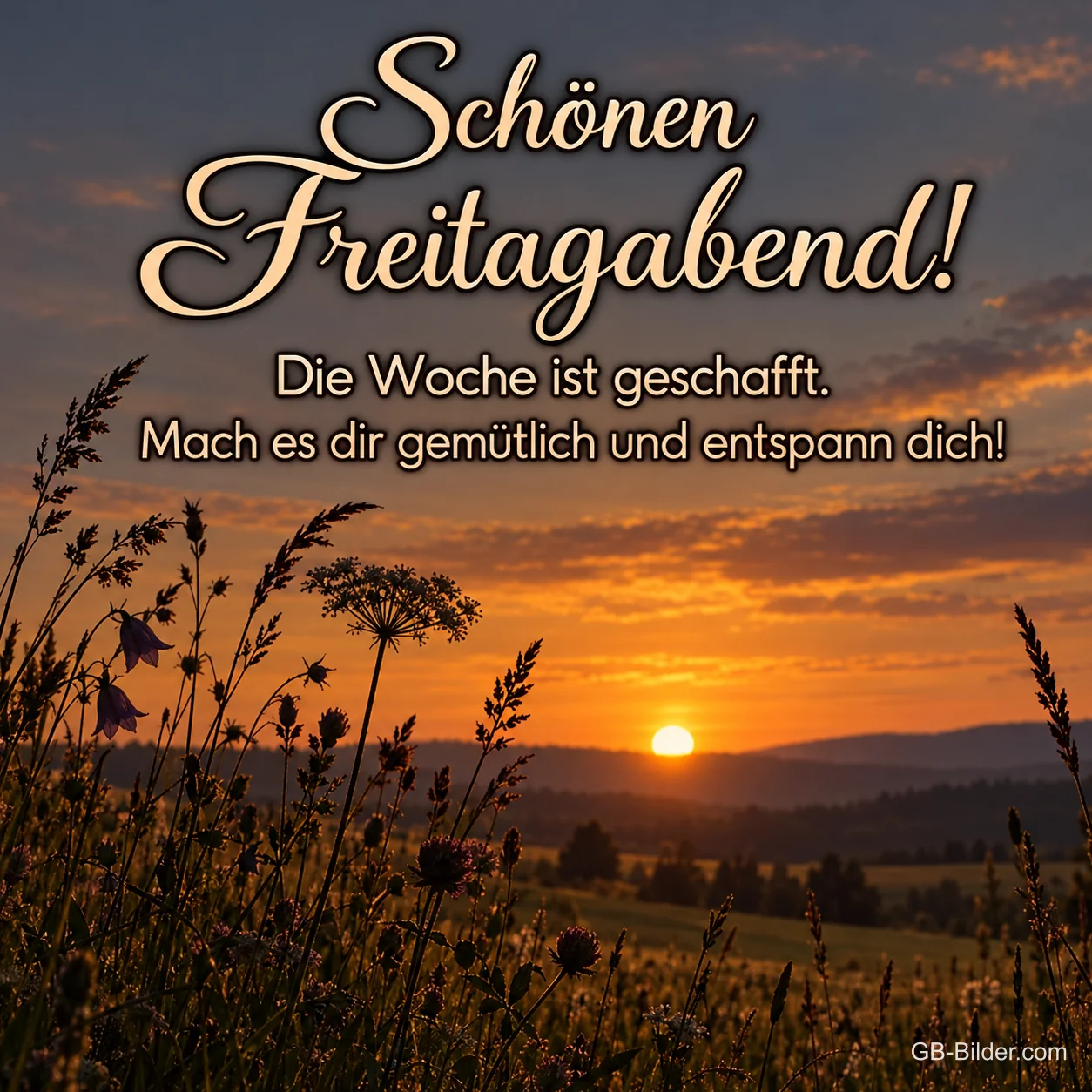 Sonnenuntergang hinter Gräsern über einem Tal, Text: Schönen Freitagabend! – Die Woche ist geschafft. Mach es dir gemütlich und entspann dich! Sonnenuntergang hinter Gräsern über einem Tal, Text: Schönen Freitagabend! – Die Woche ist geschafft. Mach es dir gemütlich und entspann dich!