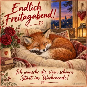 Fuchs schläft auf einem Kissen am Fenster mit Rosen, Text: Endlich Freitagabend! – Ich wünsche dir einen schönen Start ins Wochenende!