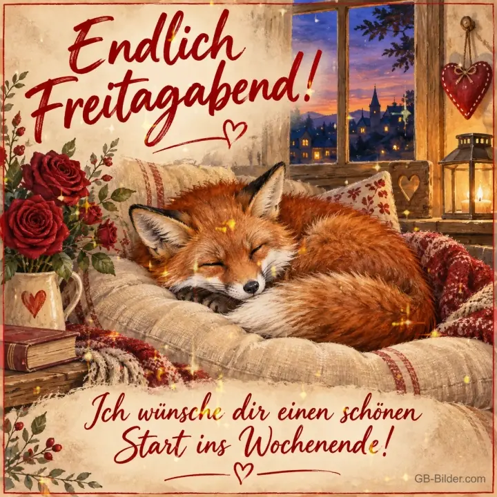 Fuchs schläft auf einem Kissen am Fenster mit Rosen, Text: Endlich Freitagabend! – Ich wünsche dir einen schönen Start ins Wochenende!