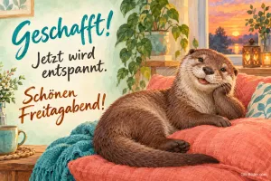 Otter liegt entspannt auf einem Sofa mit Kissen, Text: Geschafft! – Jetzt wird entspannt. Schönen Freitagabend!