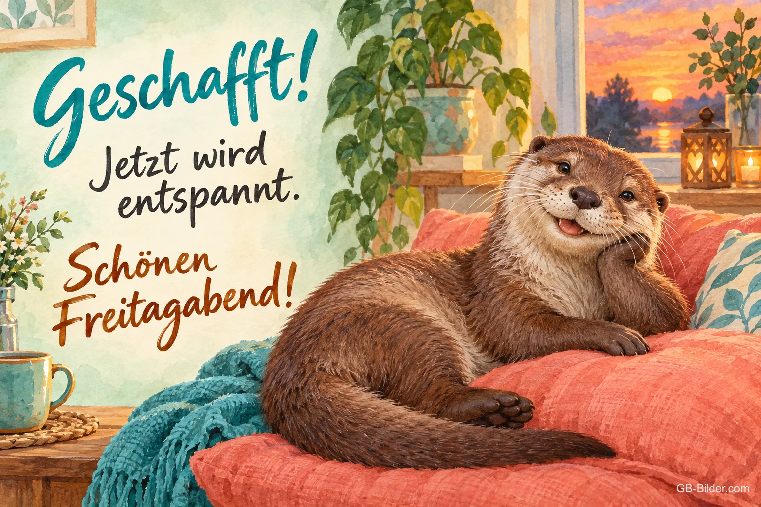 Otter liegt entspannt auf einem Sofa mit Kissen, Text: Geschafft! – Jetzt wird entspannt. Schönen Freitagabend! Otter liegt entspannt auf einem Sofa mit Kissen, Text: Geschafft! – Jetzt wird entspannt. Schönen Freitagabend!