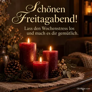Drei brennende rote Kerzen mit Zapfen im Wohnzimmer, Text: Schönen Freitagabend! – Lass den Wochenstress los und mach es dir gemütlich.