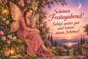 Elfe mit Schmetterlingsflügeln winkt in einem Rosengarten über dem See, Text: Schönen Freitagabend! – Schlaf später gut und träum etwas Schönes!