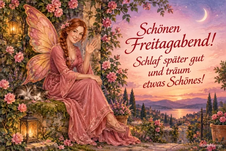 Elfe mit Schmetterlingsflügeln winkt in einem Rosengarten über dem See, Text: Schönen Freitagabend! – Schlaf später gut und träum etwas Schönes! Elfe mit Schmetterlingsflügeln winkt in einem Rosengarten über dem See, Text: Schönen Freitagabend! – Schlaf später gut und träum etwas Schönes!
