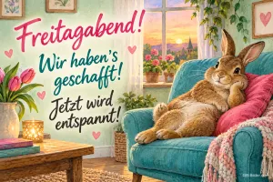 Hase liegt entspannt in einem türkisen Sessel am Fenster, Text: Freitagabend! – Wir haben's geschafft! Jetzt wird entspannt!