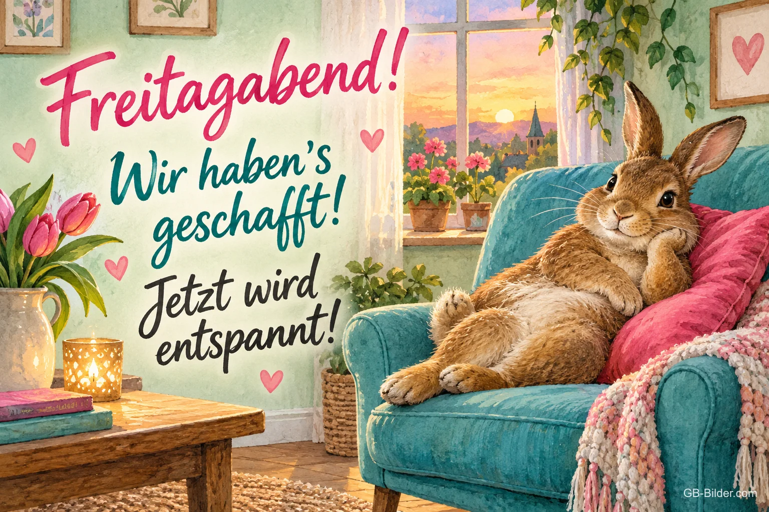 Hase liegt entspannt in einem türkisen Sessel am Fenster, Text: Freitagabend! – Wir haben's geschafft! Jetzt wird entspannt! Hase liegt entspannt in einem türkisen Sessel am Fenster, Text: Freitagabend! – Wir haben's geschafft! Jetzt wird entspannt!